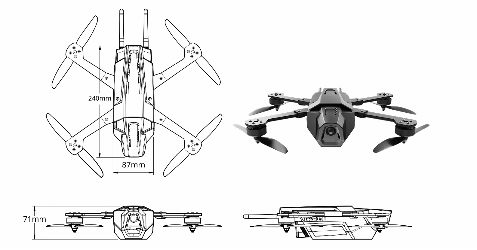 Technical drawing and a photo of Tesseract 7" STRIKER drone viewed from top, front, and underside angles.