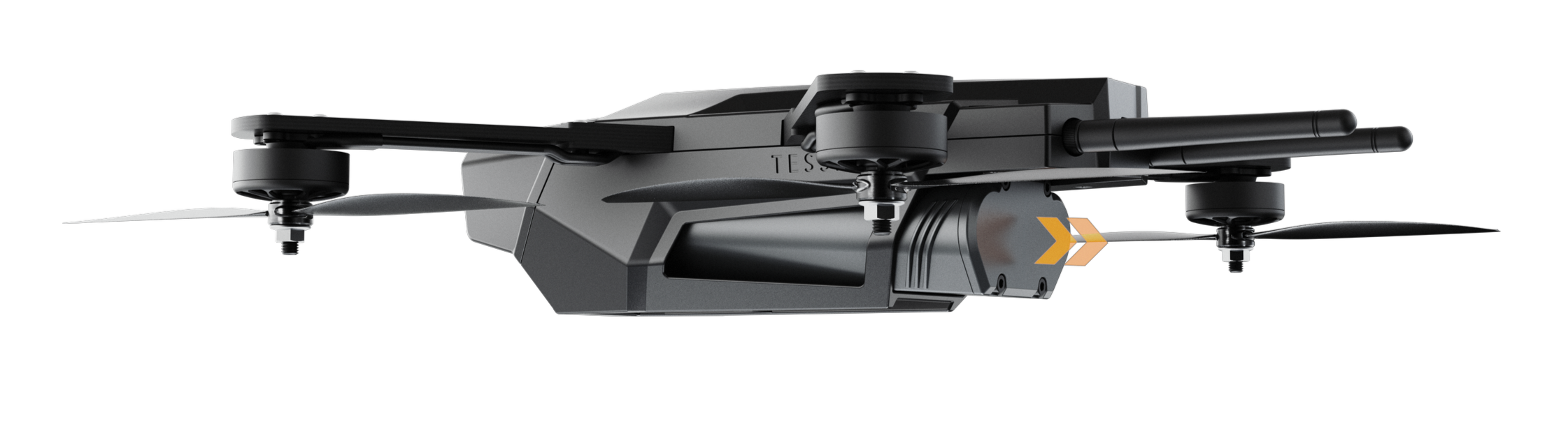 A professional drone with a sleek black and gray design, four rotors, and a mounted camera or sensor underneath, set against a black background.
