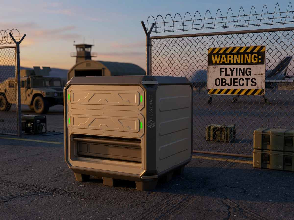 A futuristic robot at an airport or military base, near a fence with a warning sign for flying objects. The robot has green lights and a compartment for handling items. In the background, military vehicles and a building with a control tower are visible during sunset.