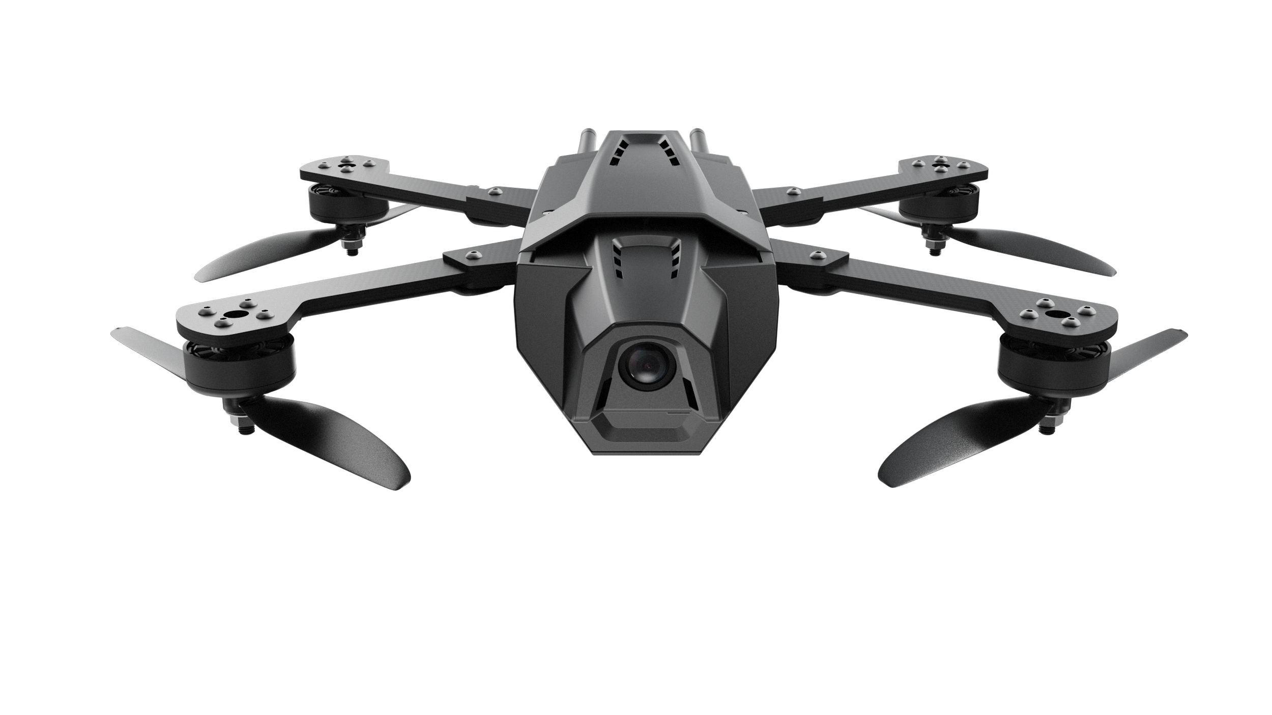 A black drone with four propellers and a camera mounted on the front, set against a black background.