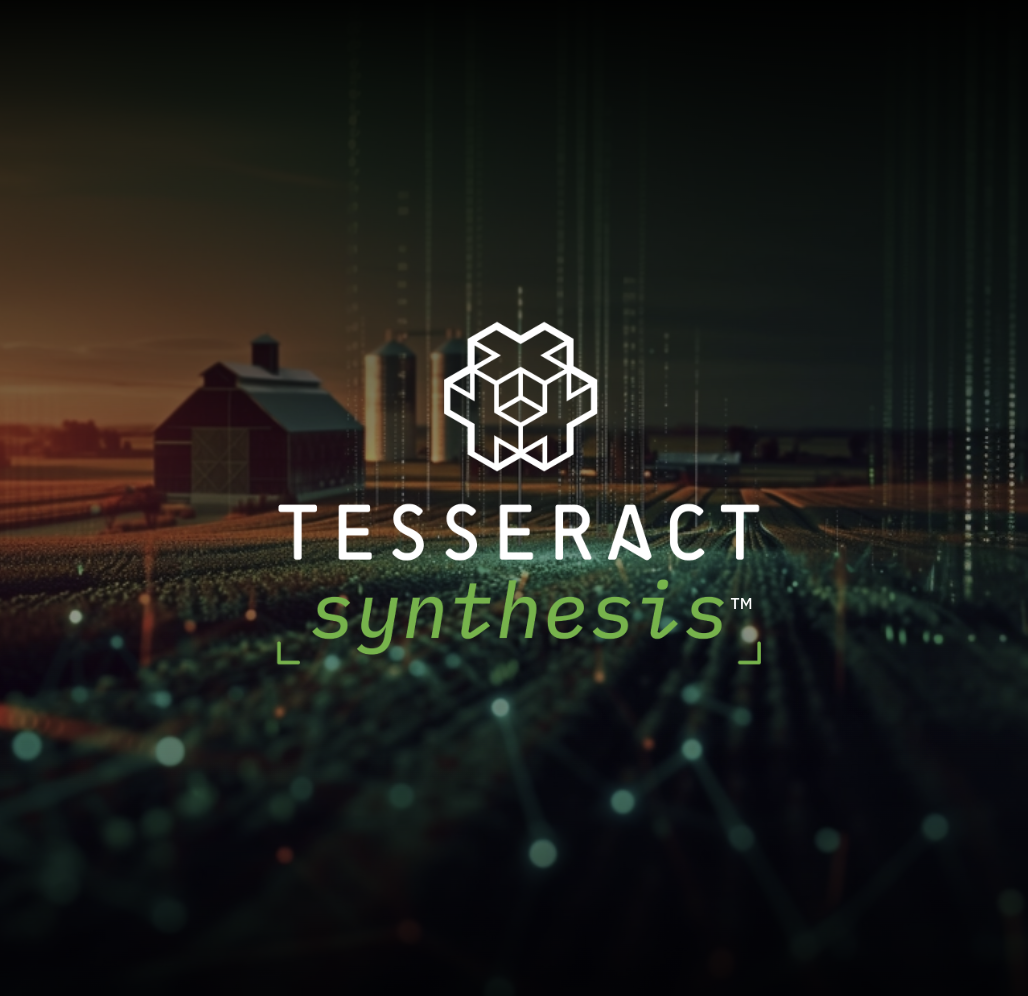 Futuristic farm landscape with digital data overlays, centered Tessaract Synthesis logo and text.