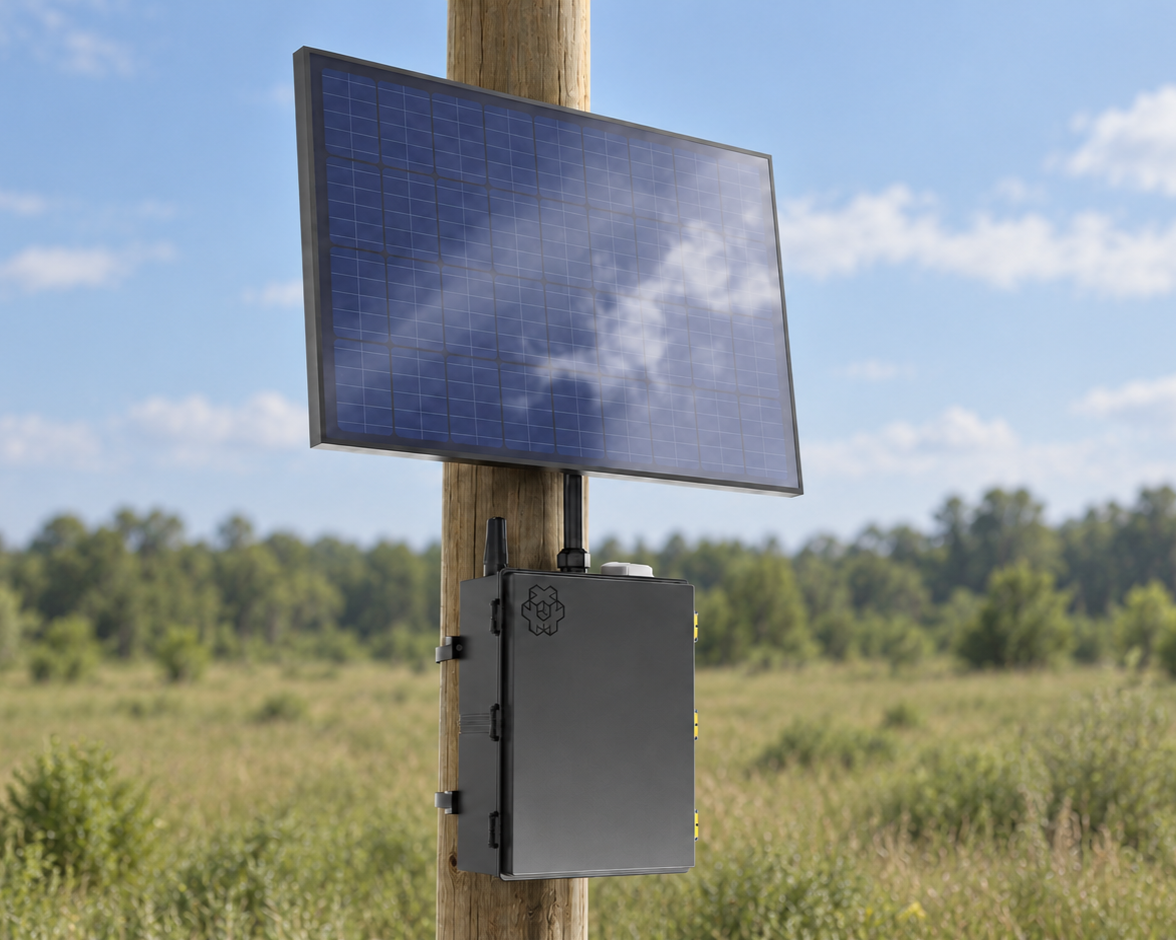 A solar power system mounted on a wooden pole in a grassy field, featuring a solar panel and an electrical box.