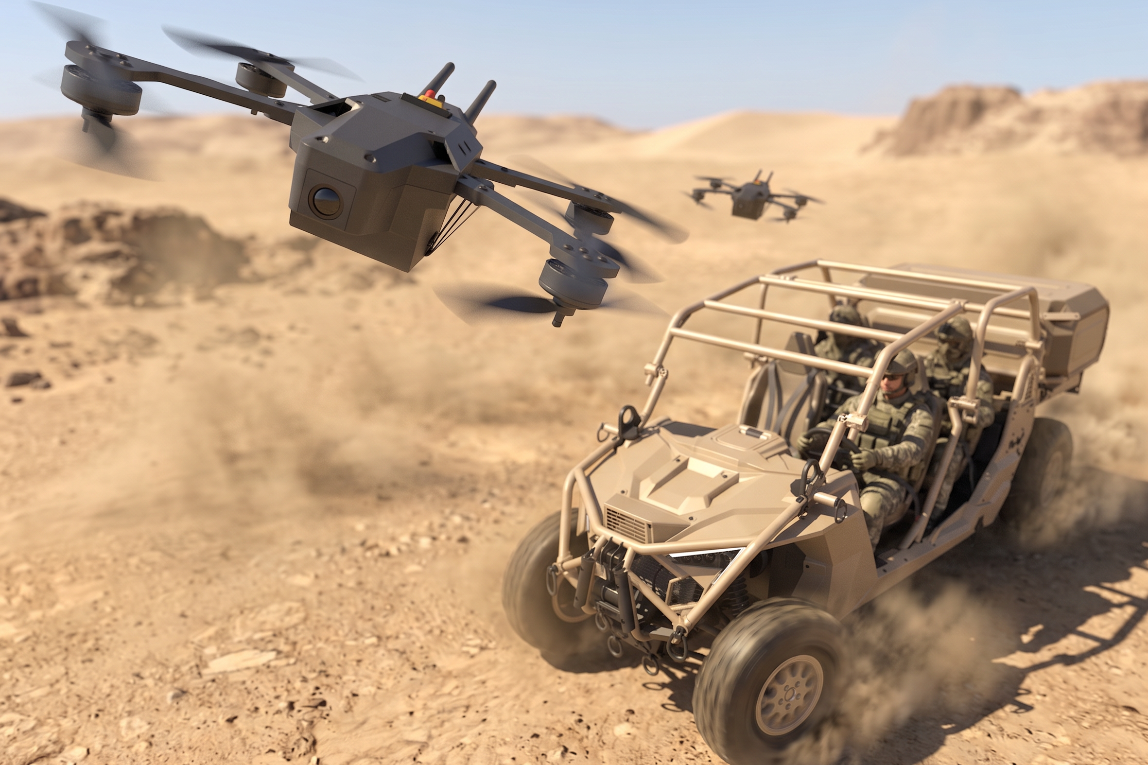 Military drones flying over desert terrain with a military vehicle and soldiers in the background.