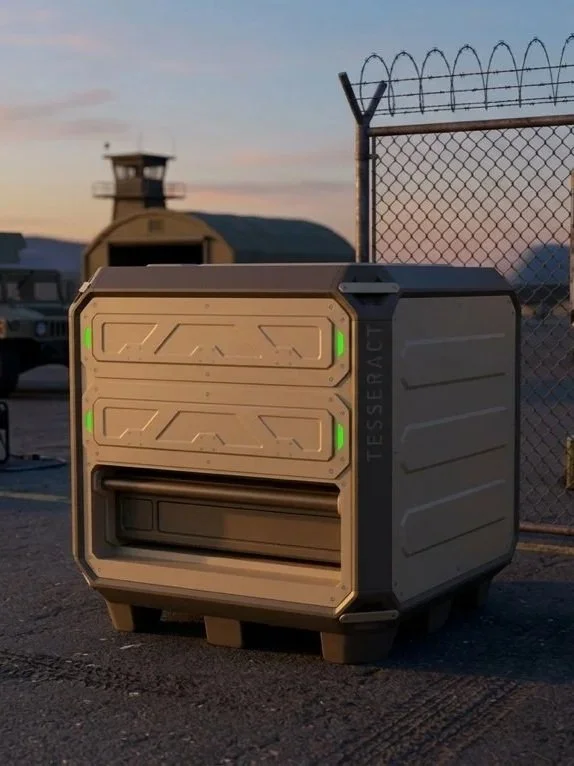Autonomous delivery robot with Tesseract branding and green LED lights, parked outdoors near a chain-link fence and an aircraft hangar at sunset.