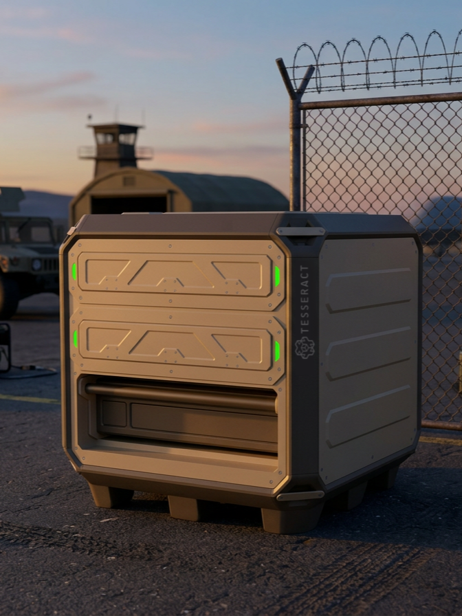 A futuristic delivery robot named TESSERACT in an outdoor setting during sunset, with a chain-link fence and a guard tower in the background.