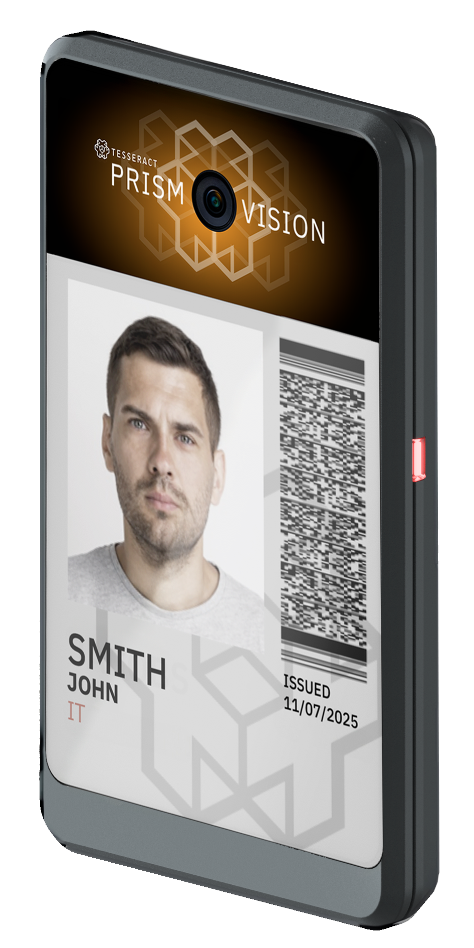 A digital driver's license featuring a photo of a man with short brown hair and a serious expression, the name John Smith, issued date November 7, 2025, and a QR code.