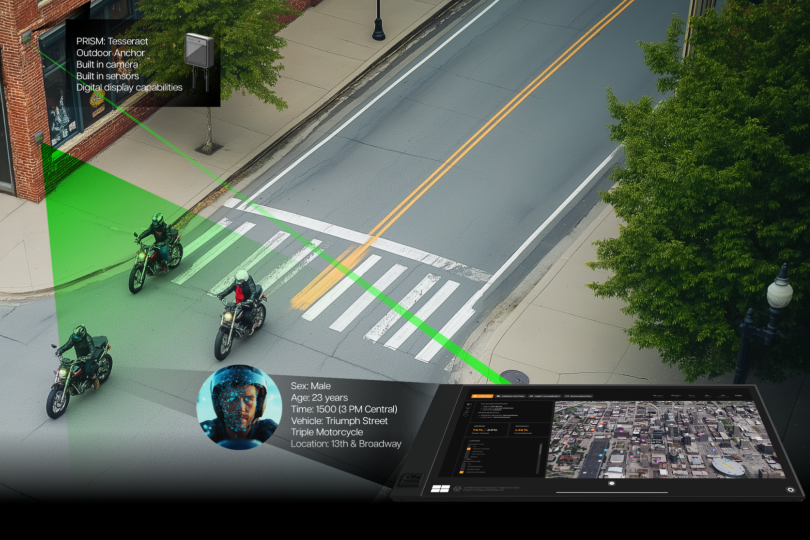 Traffic surveillance system monitoring three motorcycles on a city street at an intersection, with a digital display showing information about a young male rider on a Triumph Street triple motorcycle.