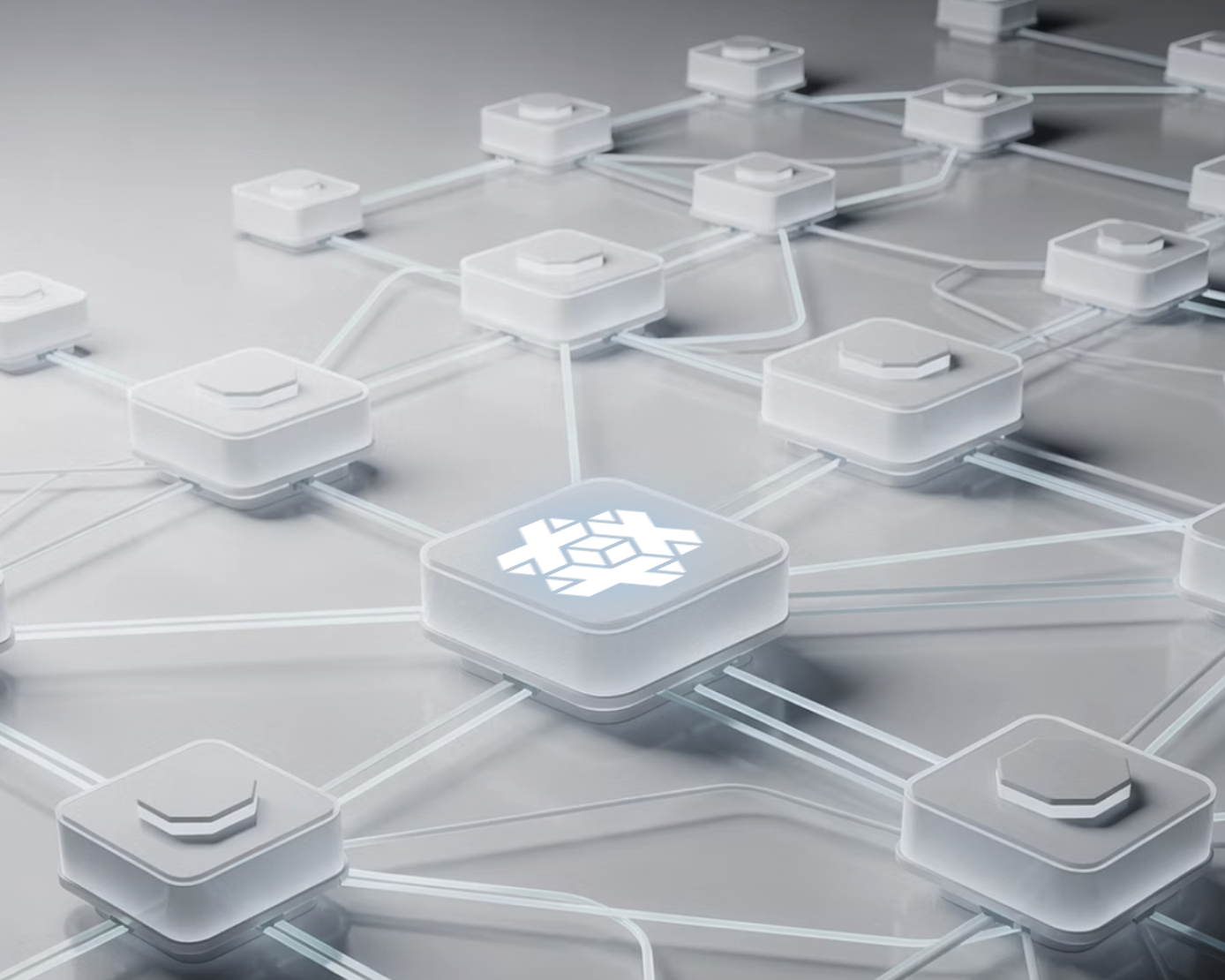 A digital illustration of a computer network with interconnected nodes, featuring a glowing icon resembling a snowflake at the center.