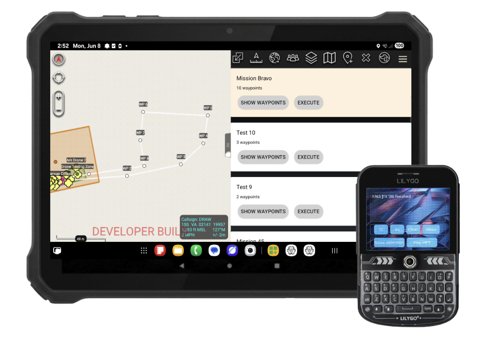 A tablet and a handheld device displaying a drone control and mapping interface, with waypoint planning, mission details, and a mission name, all used for drone operation.