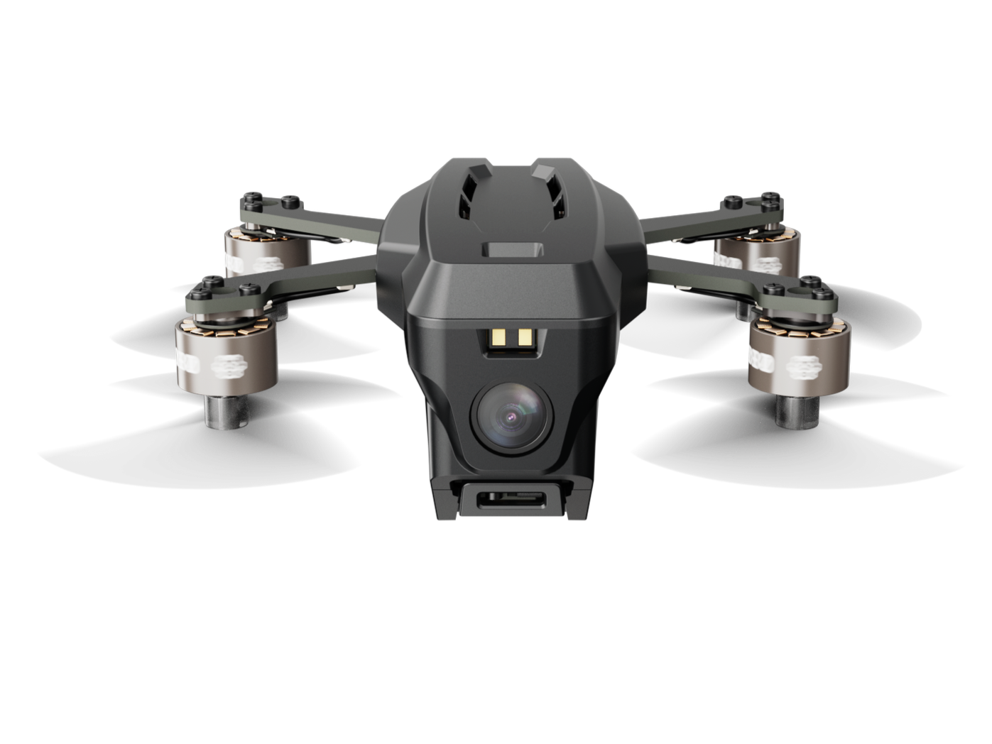 A close-up view of a professional drone with a camera mounted underneath, set against a black background.