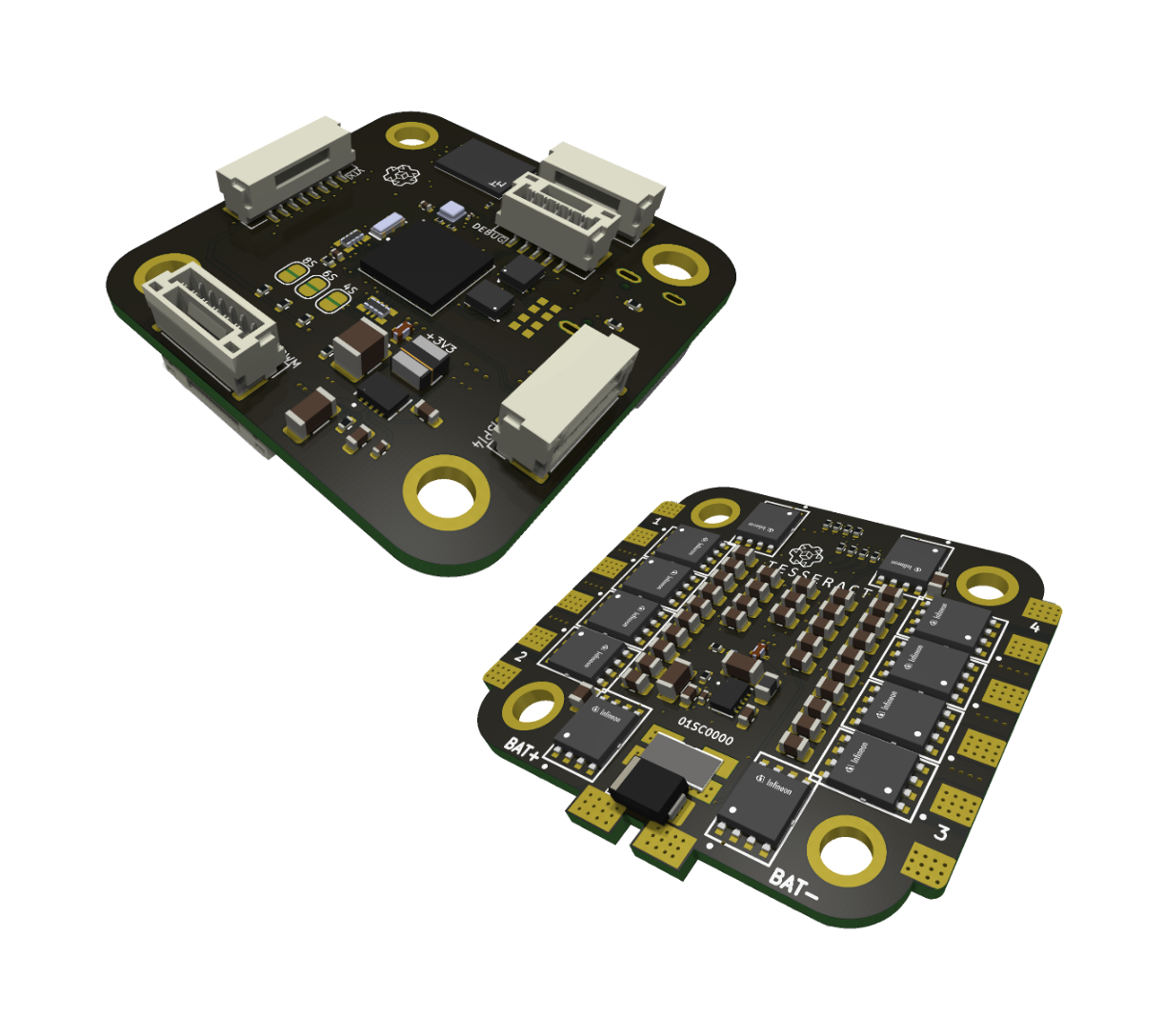 Two electronic circuit boards with various chips, connectors, and components, one larger and one smaller, floating in space.