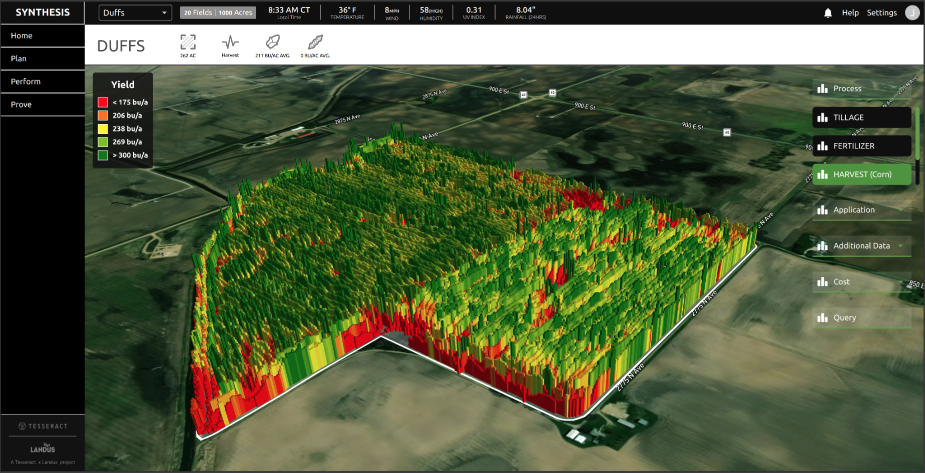 3D map visualization of a farm field showing corn harvest yield with color coding from red to green, overlaying an aerial map of farmland and roads.