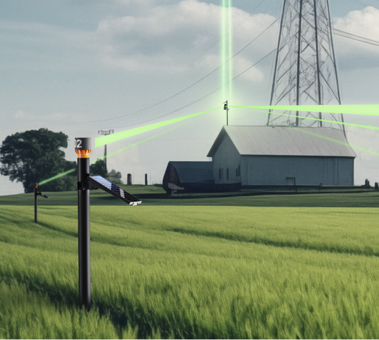 A solar-powered device emitting green laser beams to a distant tower, with a house and tree in the background.
