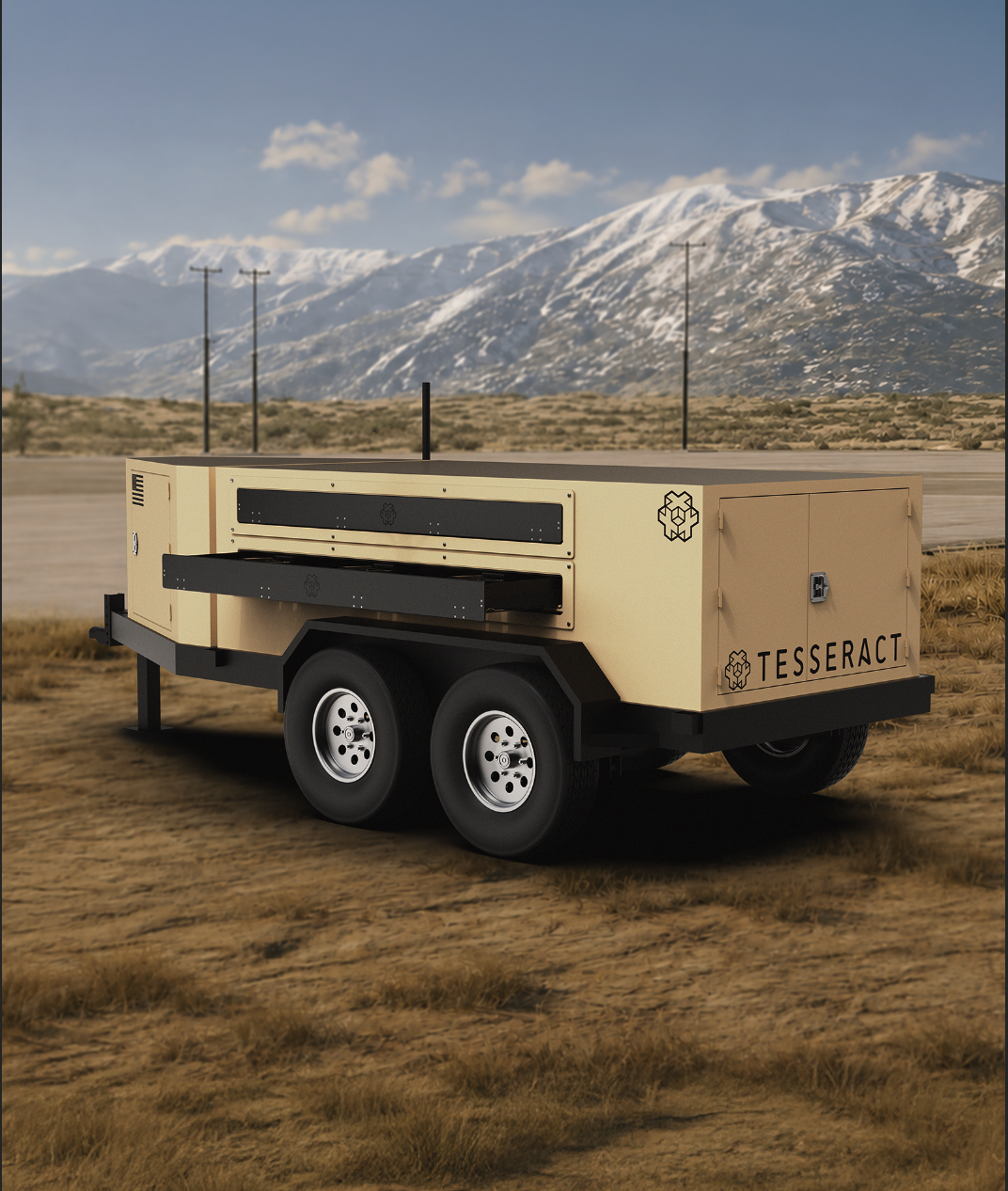 A mobile robot with a beige rectangular body labeled 'TESSERACT' is parked on a dry, grassy area with a mountain range with snow-capped peaks in the background. The robot has black accents, wheels, and antennas.
