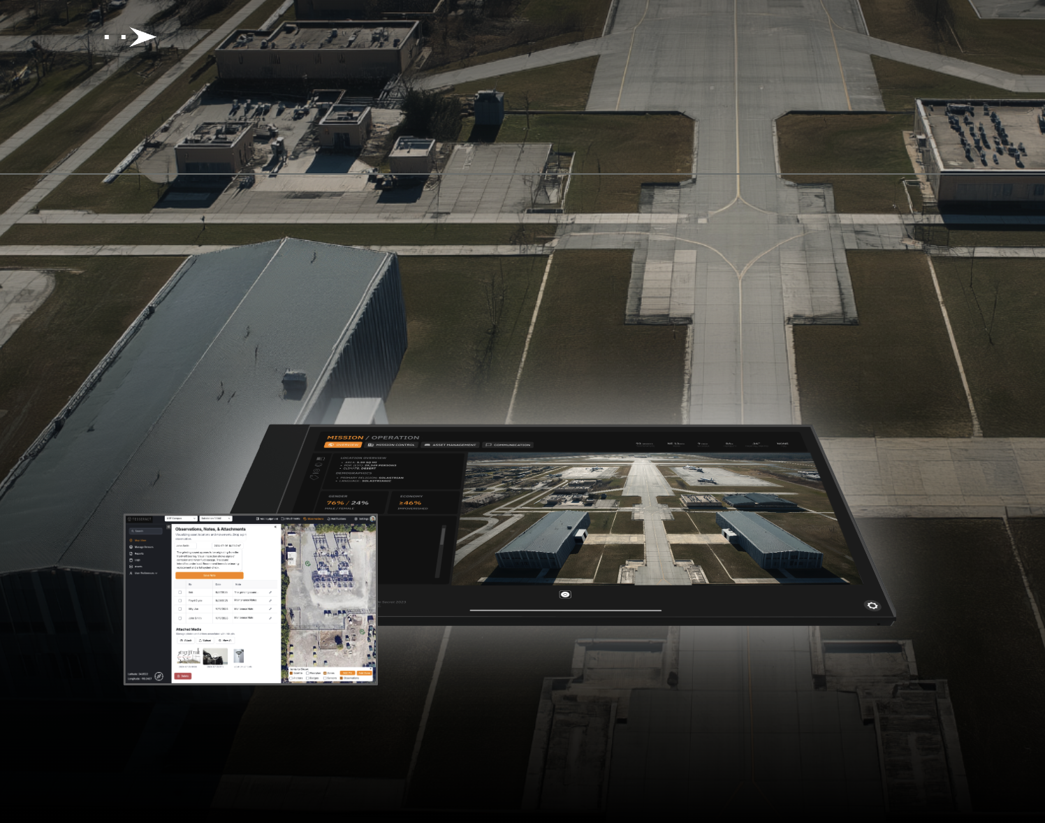 Aerial view of a large paved area with multiple buildings, roads, and empty parking lots, with an overlay of a digital interface showing surveillance and monitoring data of the area.