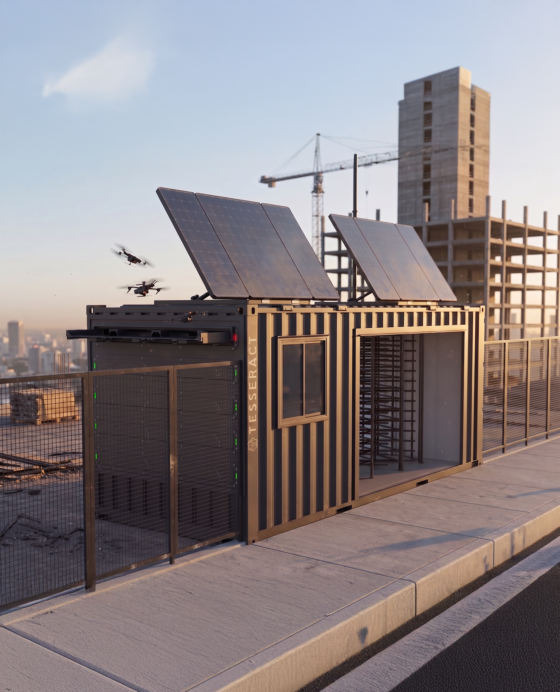 Solar panels on Tesseract NODE container with turnstiles with a city skyline in the background, including a construction crane and a tall building under construction at sunset.