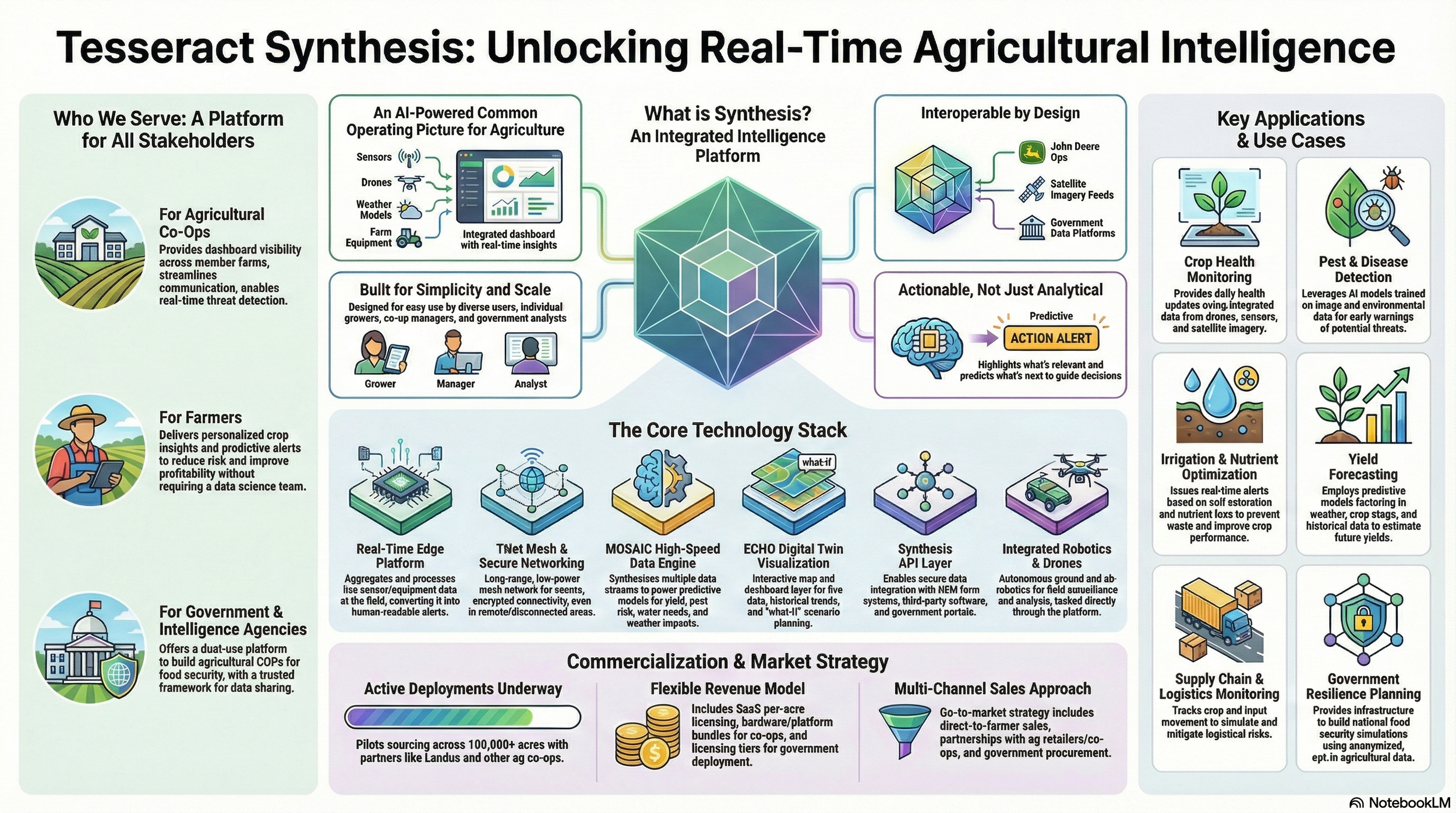 Informational poster titled 'Tesseract Synthesis: Unlocking Real-Time Agricultural Intelligence'. It features various sections and illustrations about agricultural AI technology, including platforms for stakeholders, core technology stack, applications like crop health monitoring and pest detection, and market strategies.
