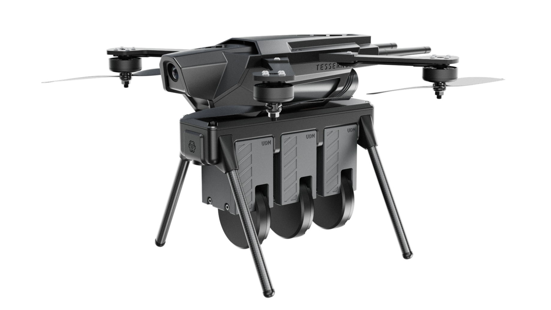 A black drone with four propellers and landing gear mounted on a platform, equipped with a thermal imaging camera, against a black background.
