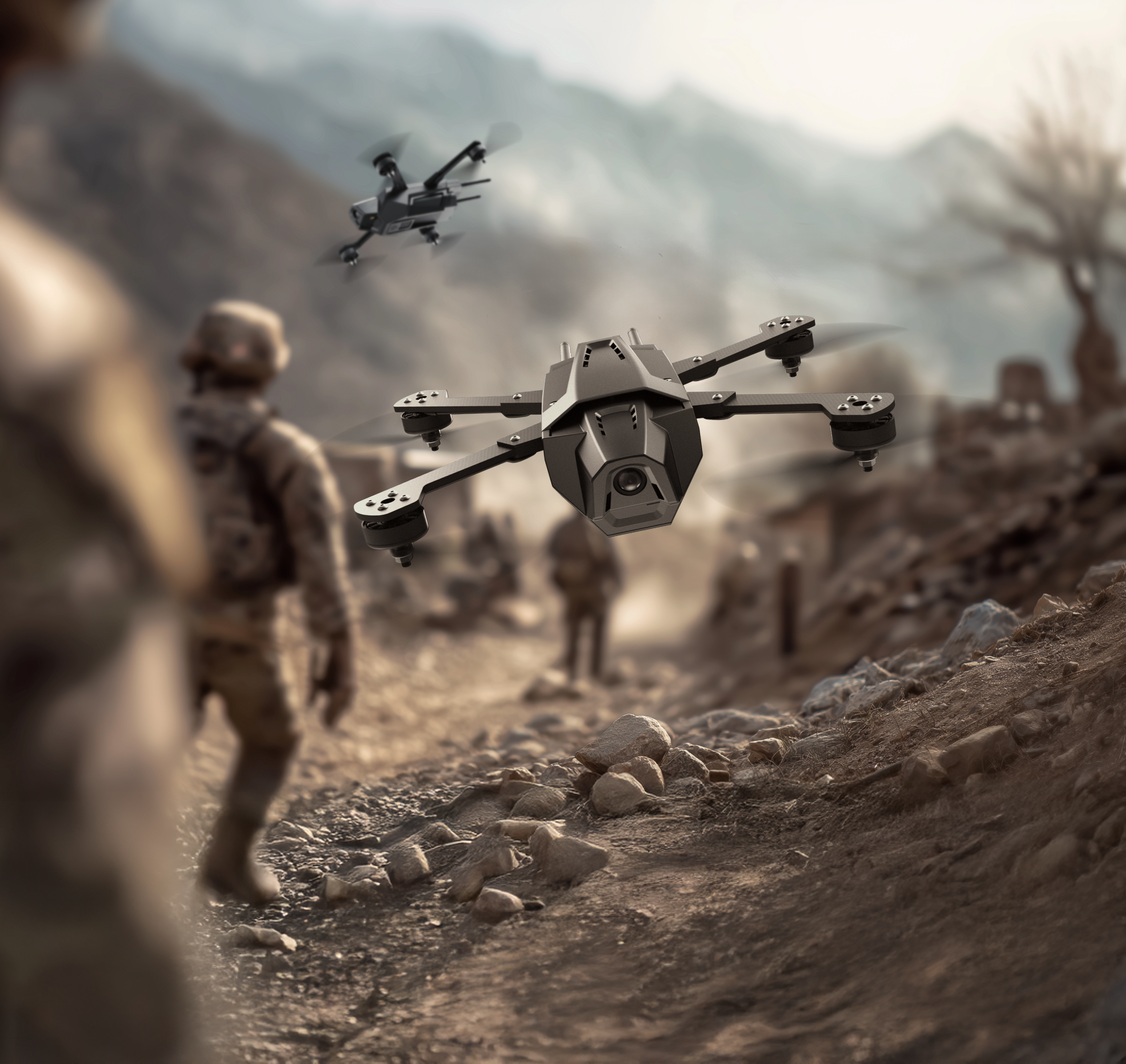 Drone flying low over rocky terrain with a blurred background of trees and sky.