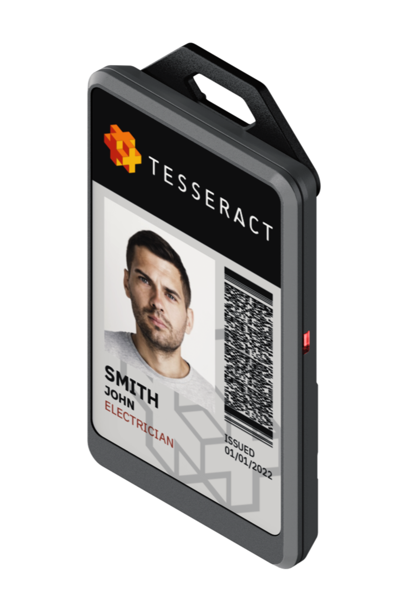 A digital ID badge with a photo of a man, named John Smith, labeled as an electrician, from Tesseract, with a QR code, issued on January 1, 2022.