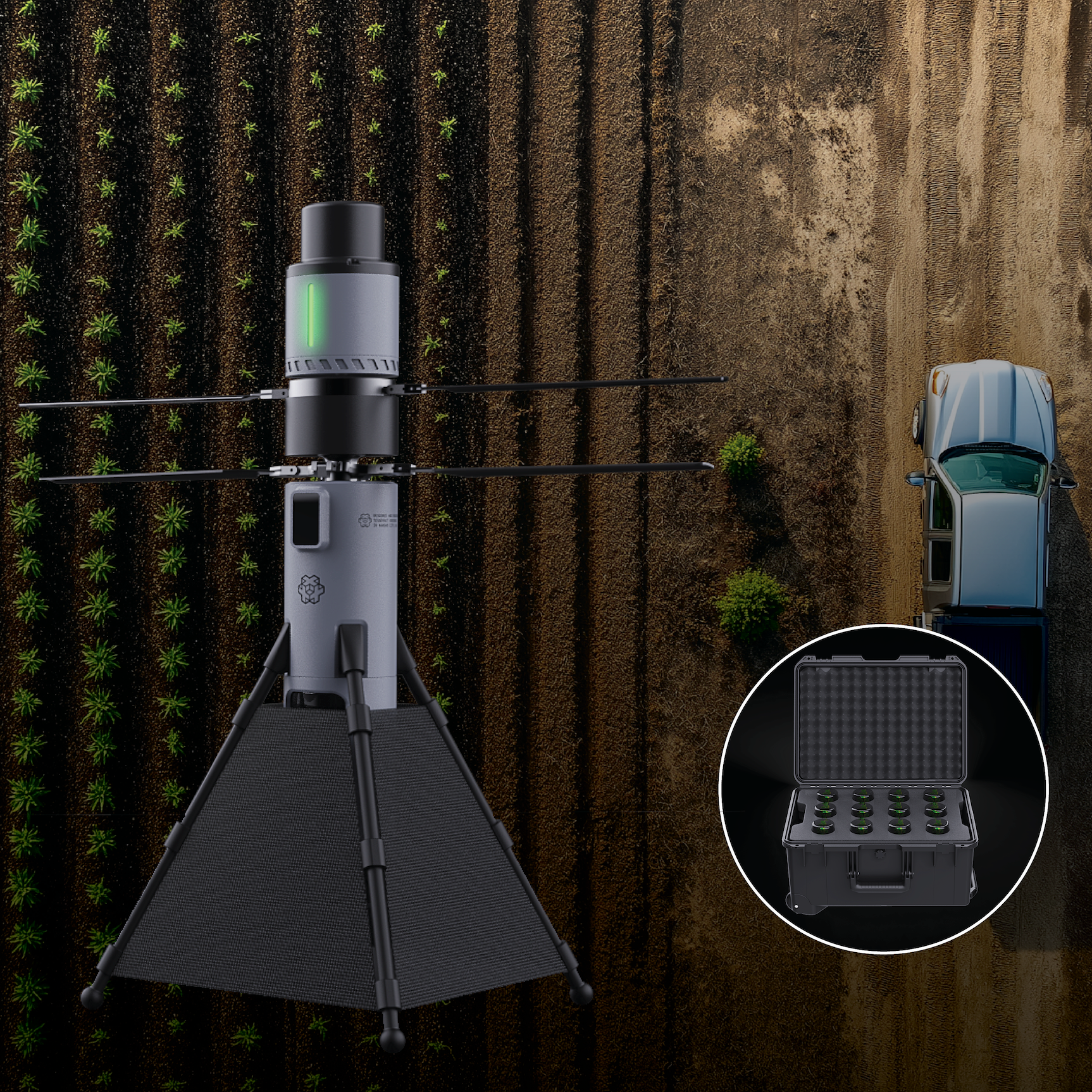 Drone in a field with crops, next to a silver car, with an inset showing a black case with small green and black objects inside.