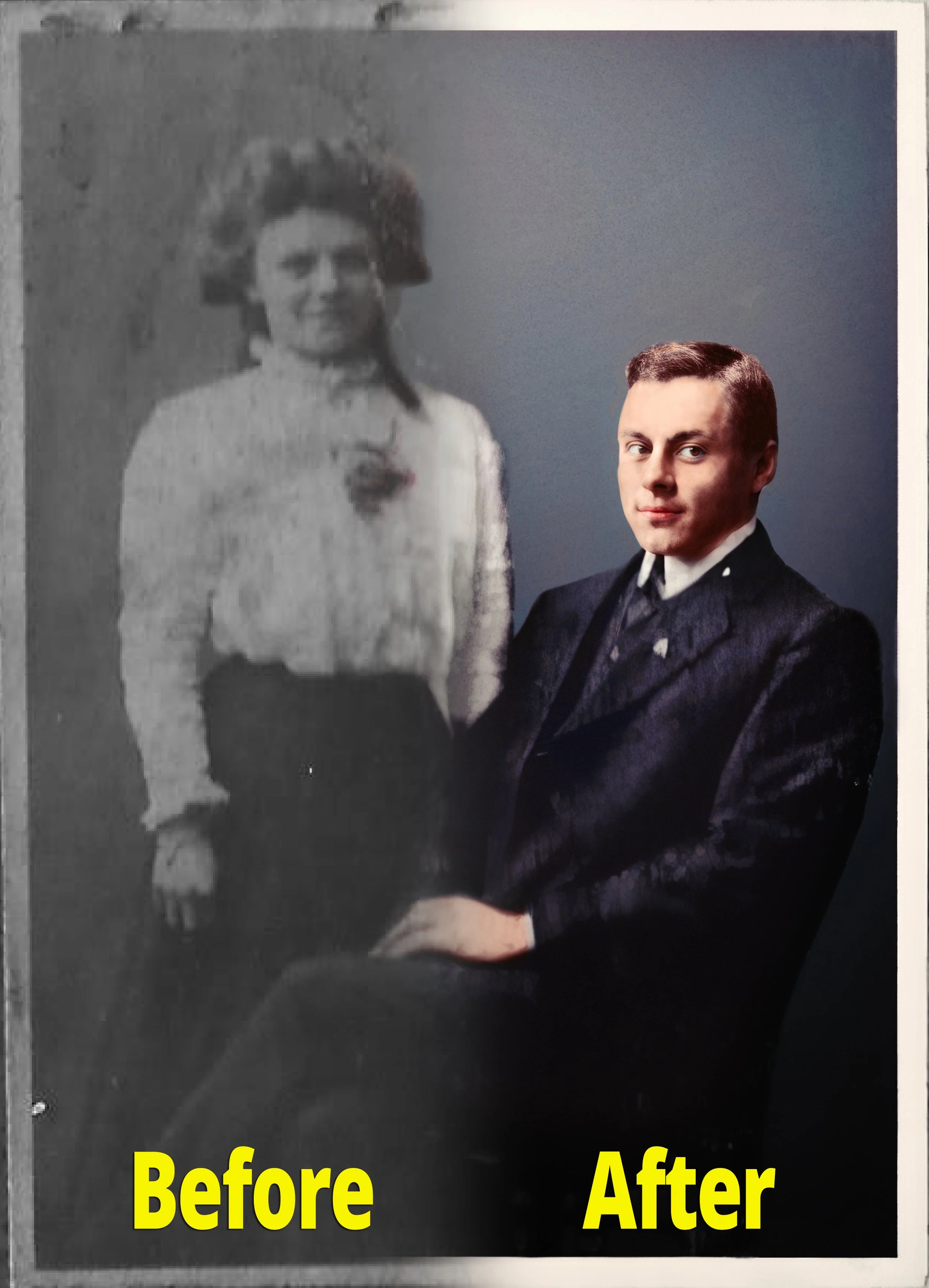 Comparison photo showing a woman before and after a hair transformation. Left side is a black-and-white image of the woman with frizzy, unstyled hair, labeled "Before" in yellow text. Right side is a color image of the woman with smooth, styled hair, labeled "After" in yellow text.
