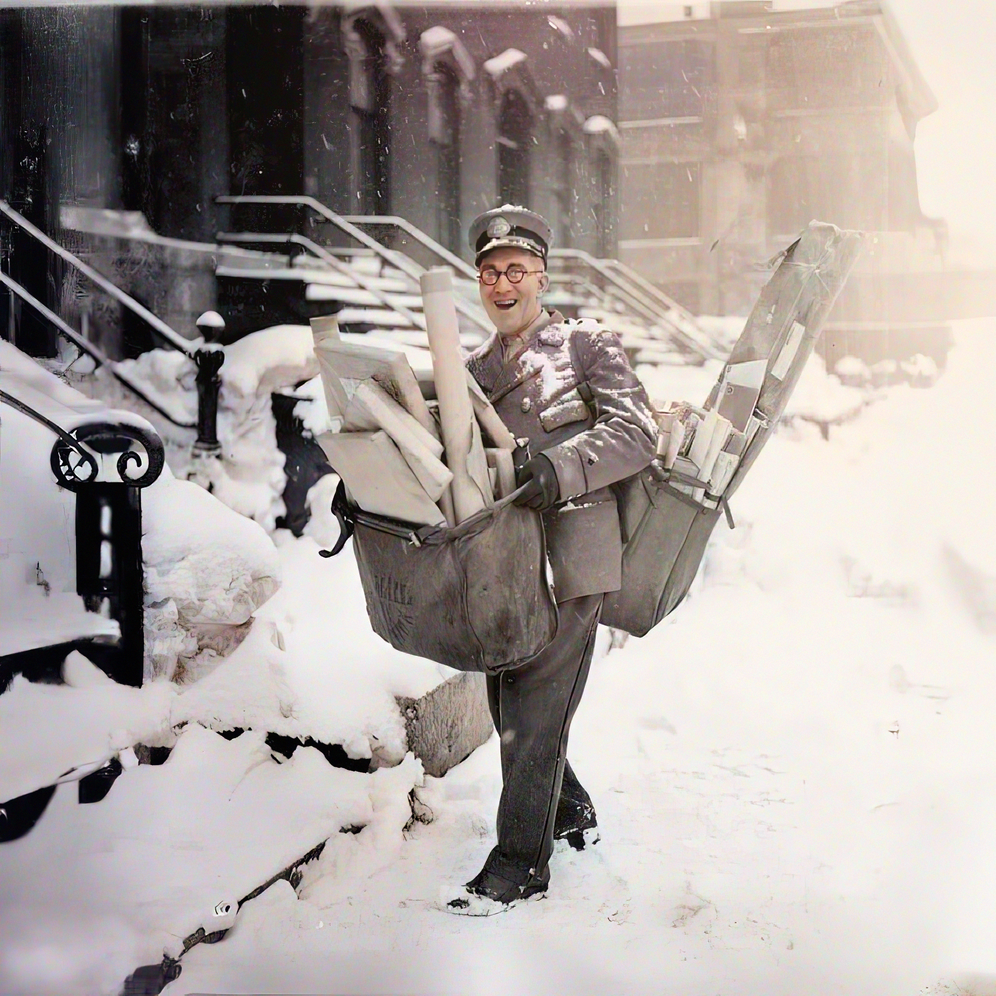 A person dressed as a military officer standing outdoors in a snow-covered area with a large military missile launcher, surrounded by snow on the ground and a building in the background.