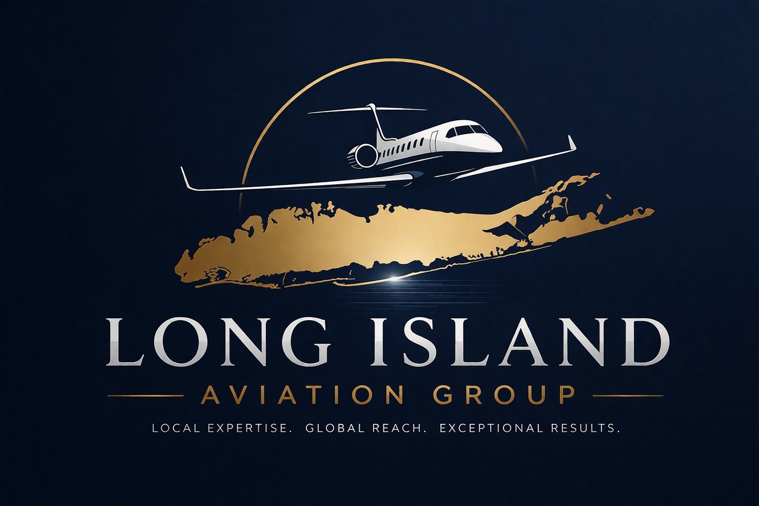 Logo for Long Island Aviation Group with a stylized airplane flying over a gold outline of Long Island and the text "Long Island Aviation Group" and slogan "Local expertise. Global reach. Exceptional results."
