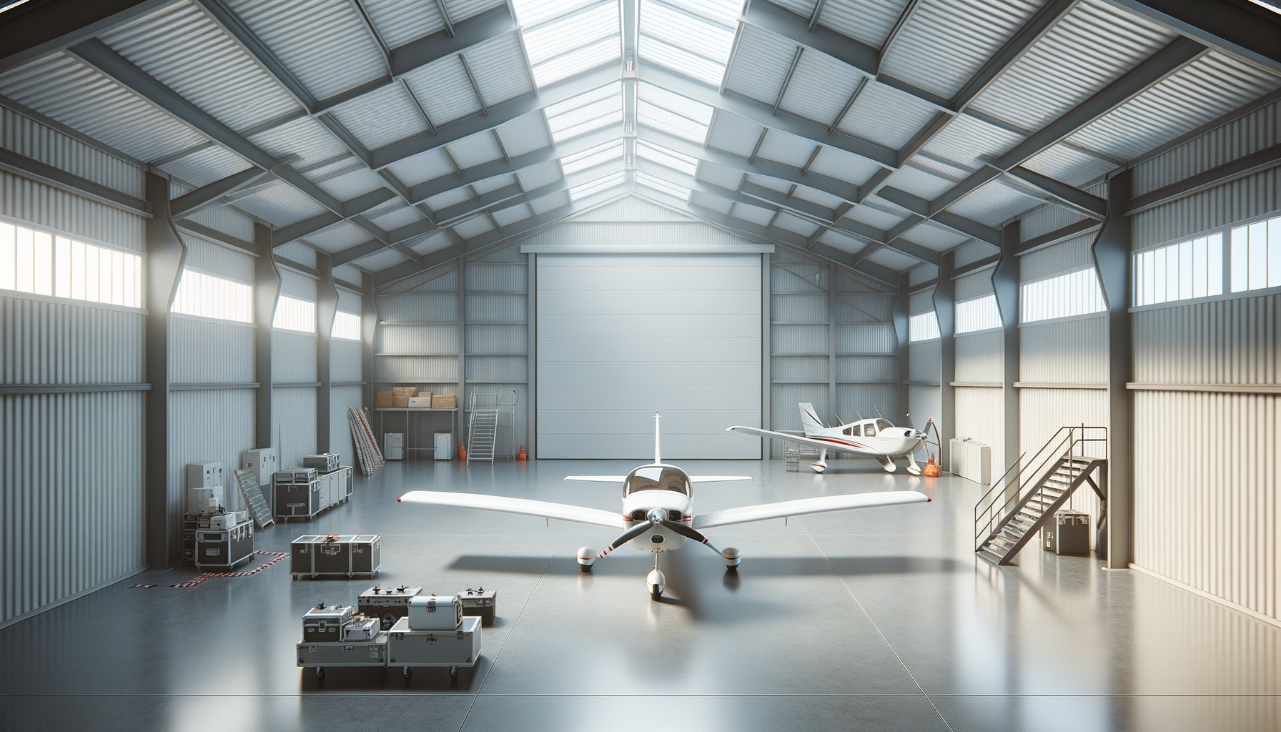 An airplane hangar with two small airplanes parked inside, surrounded by equipment and storage shelves.