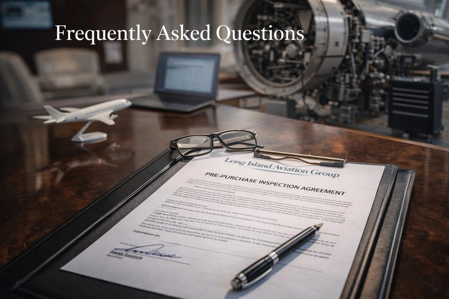 A desk with a pre-purchase inspection agreement document from Long Island Aviation Group, a pen, a pair of glasses, a model airplane, and a laptop in an aviation hangar or office with aircraft engine components in the background.