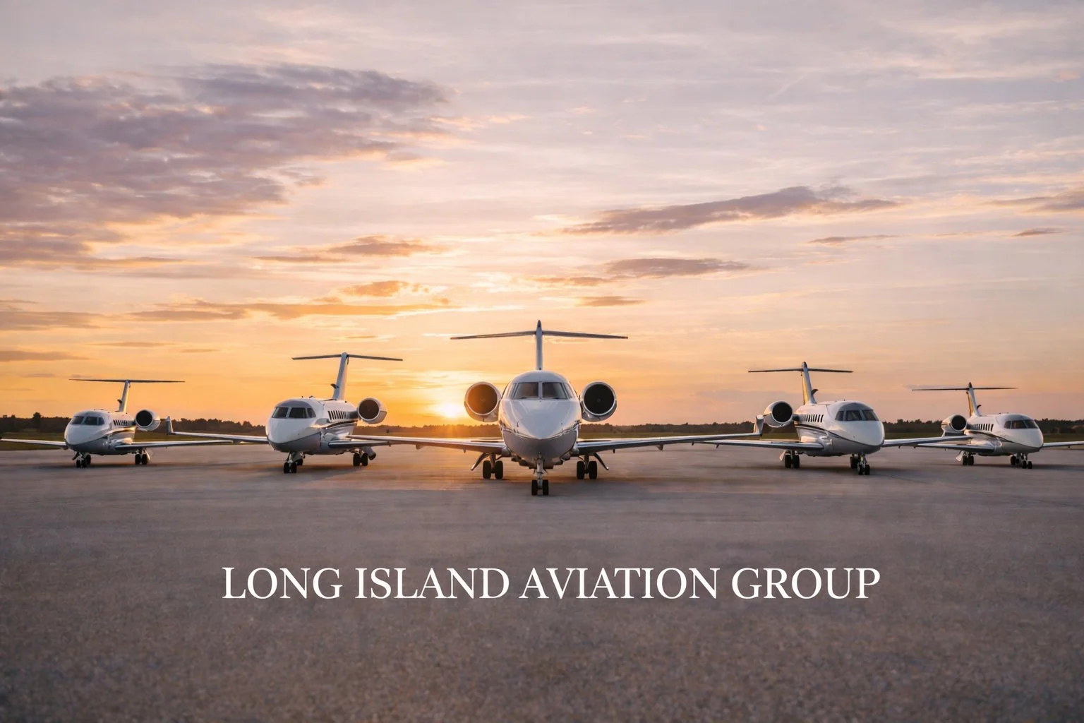 Five private jets parked on an airport tarmac at sunrise, with the logo 'Long Island Aviation Group' at the bottom.