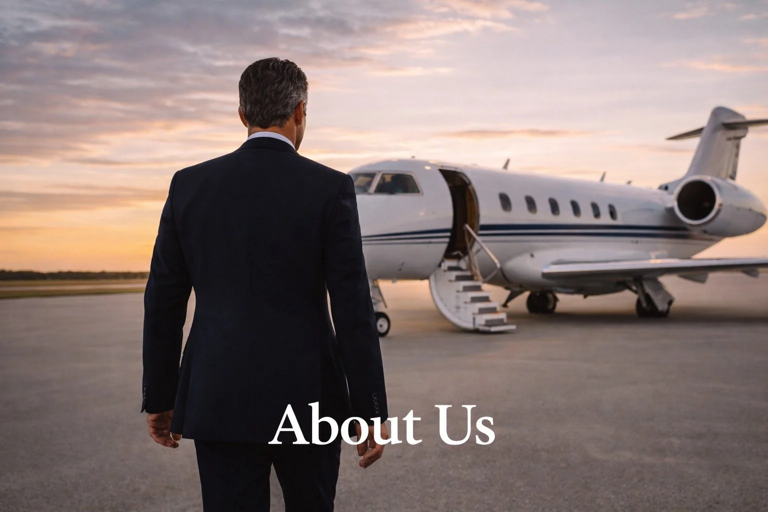 A man in a dark suit walking towards a private jet at sunset with the words 'About Us' overlaid.