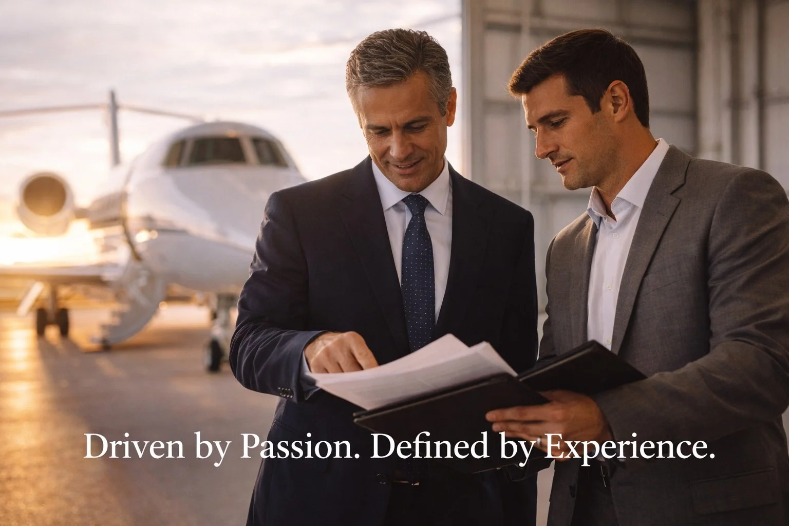 Two businessmen in suits inside an aircraft hangar, examining paperwork with a private jet in the background. The caption reads, "Driven by Passion. Defined by Experience."
