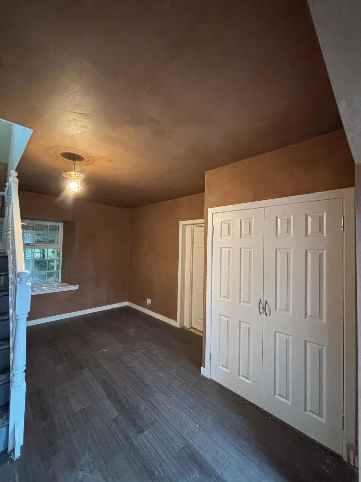 Empty living room with brown painted walls, white trim, hardwood flooring, a window, a white closet door, and a ceiling light fixture.