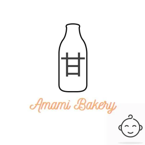 A logo of a milk bottle with an Asian character on it, and the text 'Amami Bakery' below, along with a stylized smiling face of a baby.