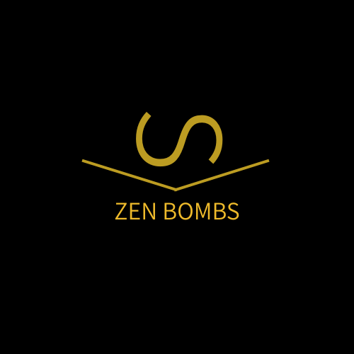 Logo for Zen Bombs with stylized 'S' and lines, black background, gold text