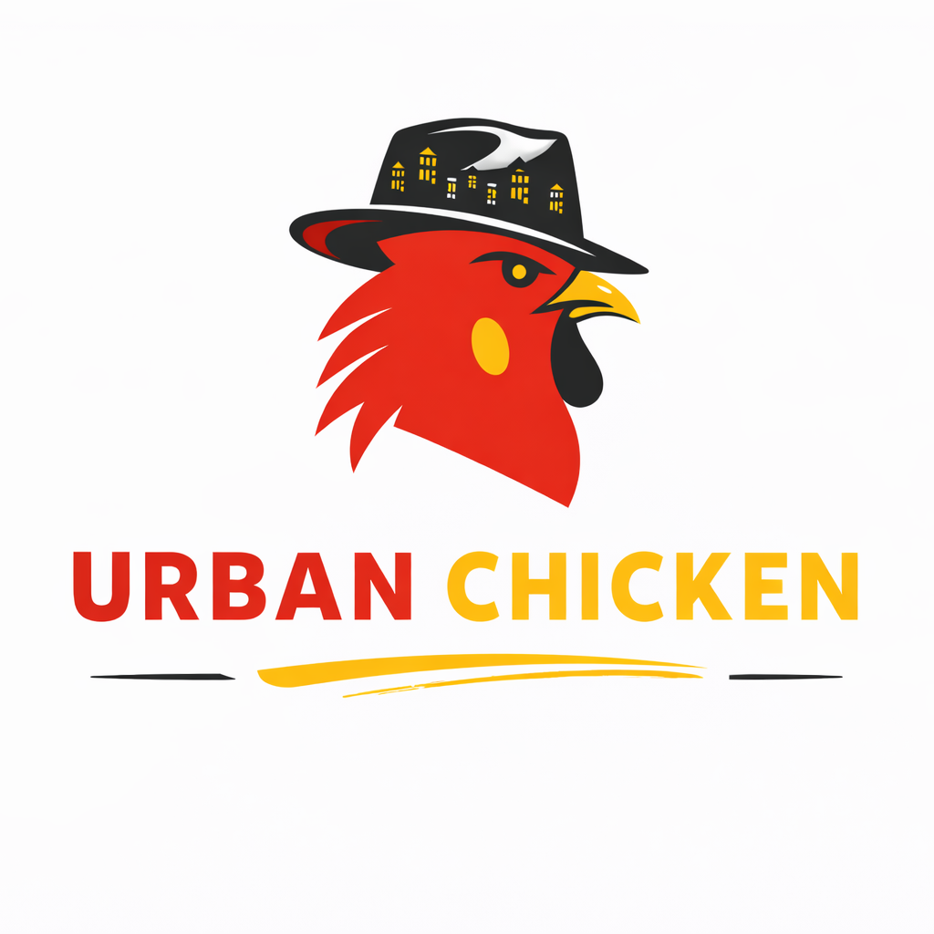 A logo featuring a red chicken wearing a black hat with city buildings on it, with text that reads 'Urban Chicken' in red and yellow.