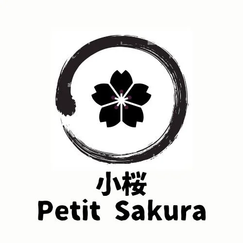 Black sakura flower inside a circular brushstroke with Japanese characters and the words "Petit Sakura" underneath.
