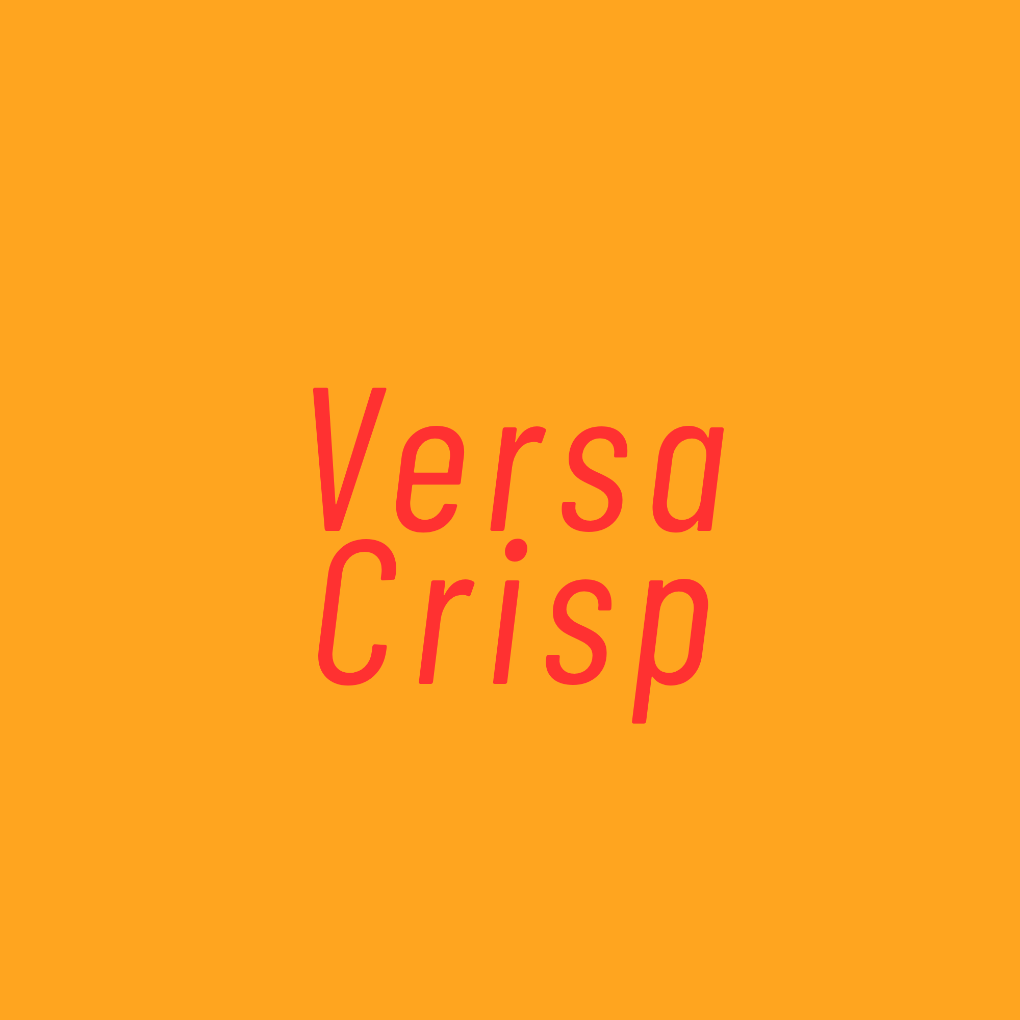 Orange background with pink tilted text that reads "Versa Crisp".