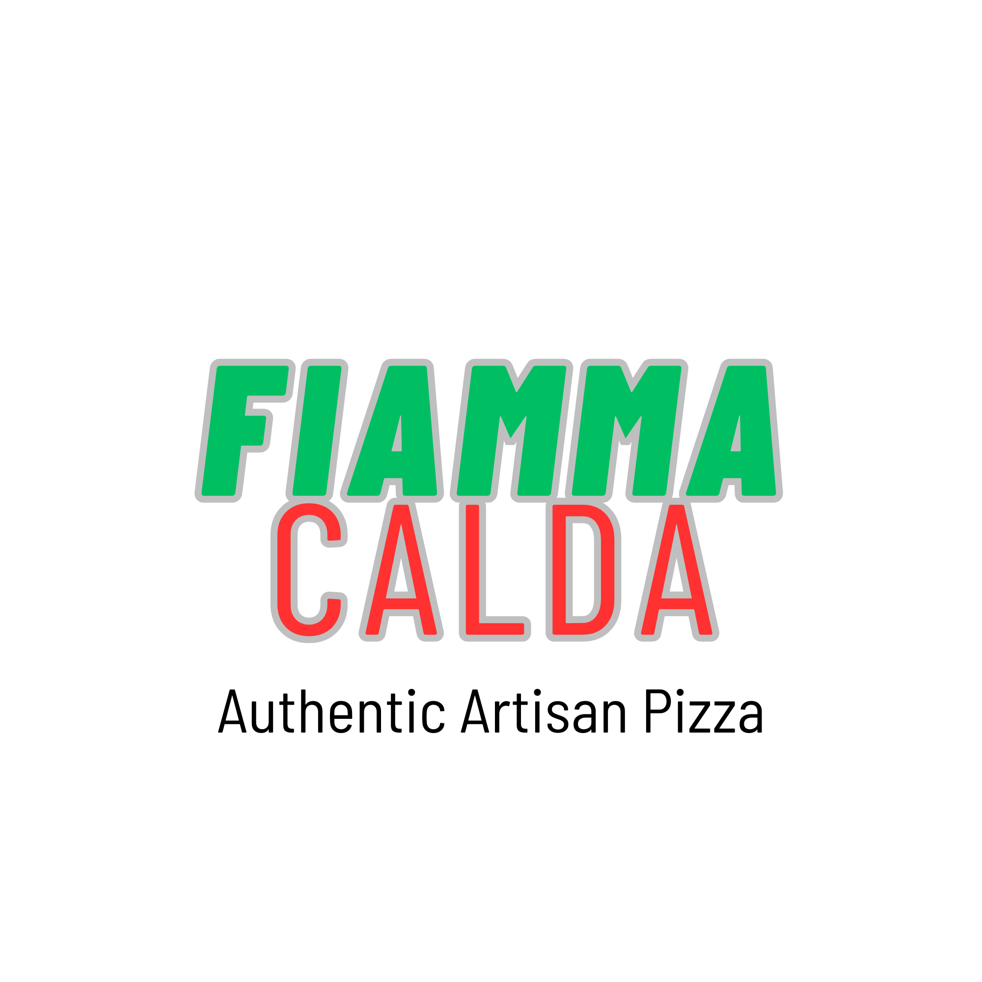 Logo for Fiamma Calda, an authentic artisan pizza restaurant, with the name in large green and red letters and the tagline in black.