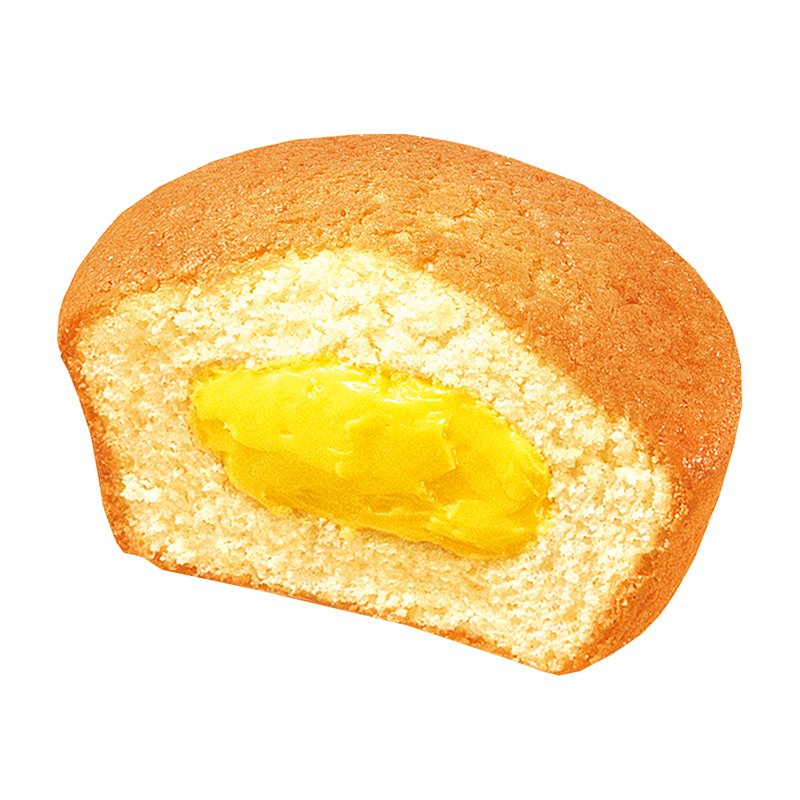 Close-up of a cupcake with vanilla frosting and a yellow filling center, on a white background.