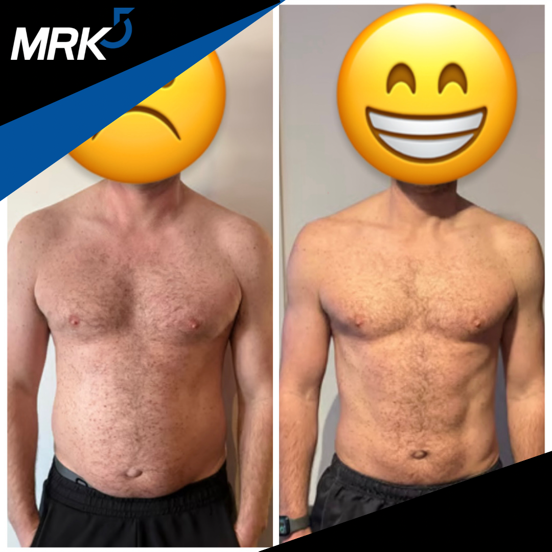 Side-by-side comparison photo of a man showing physical transformation; the left shows him with a more overweight physique and the right shows a leaner, more muscular physique. His face is covered with an emoji, a sad face on the left and a smiling face on the right.