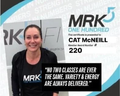 Certificate with a woman's photo, awarded to CAT McNeill, number 220, from MRK5, with a quote about class variety and energy.