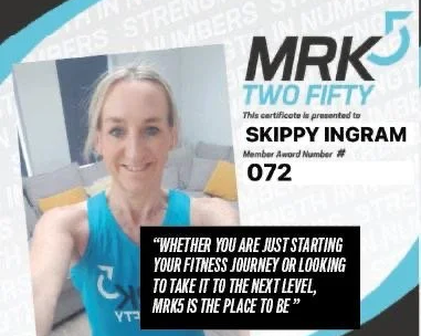 A woman wearing a blue workout top smiling at the camera, holding a certificate with the text 'MR5 Two Fifty' and her name Skippy Ingram, along with an inspirational quote about starting a fitness journey.