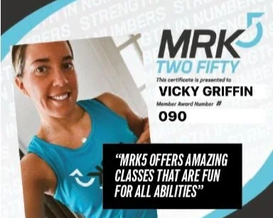 Fitness certificate awarded to Vicky Griffin from MRK 2FIFTY, with a smiling woman in a blue workout shirt.