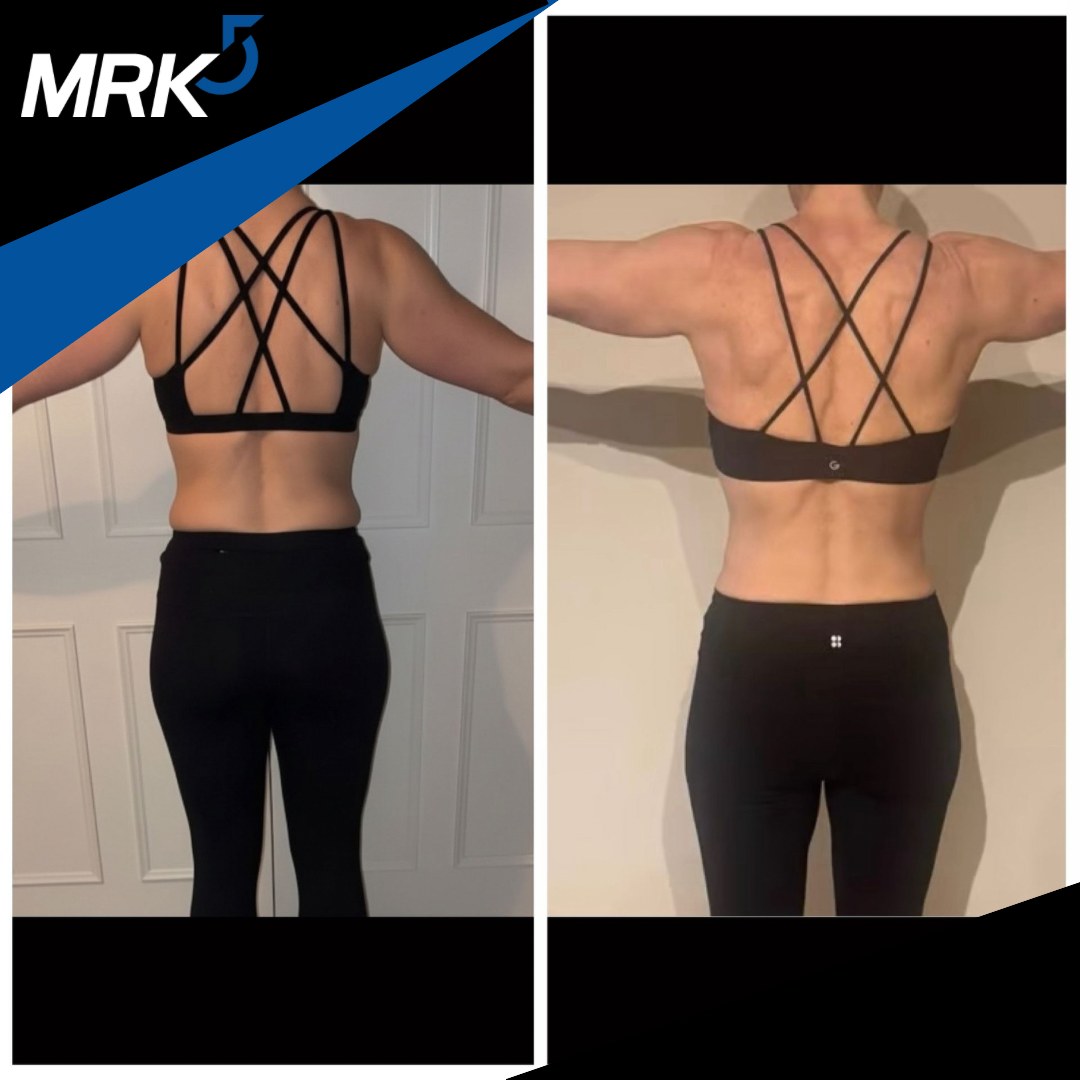 Side-by-side comparison of a woman's back before and after fitness training, showing muscle definition and toned physique.