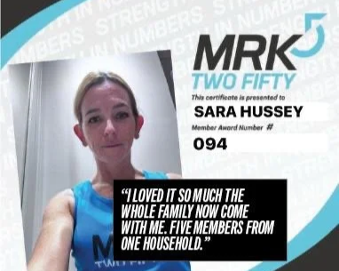 Certificate of achievement awarded to Sara Hussey from MK5 Two Fifty, featuring a photo of a young woman in a blue sleeveless top and a quote about family.