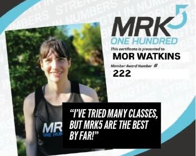 Certificate of achievement awarded to Mor Watkins by MR5, featuring a smiling woman with dark hair outdoors, quote about classes, with a blue and white design.