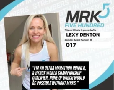 Certificate awarded to Lexy Denton, titled 'I'M AN ULTRA MARATHON RUNNER, & HYROX WORLD CHAMPIONSHIP QUALIFIER,' with a photo of a smiling blonde woman in a white tank top.