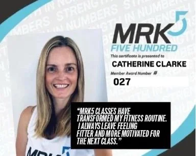 Certificate featuring a woman with long blonde hair, smiling, with black text and the logo 'MRK5' in blue and black, awarded to Catherine Clarke for transforming her fitness routine.